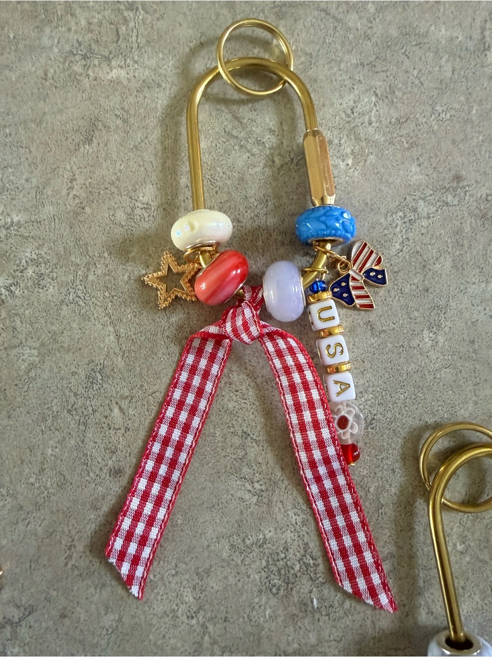 Gold-Tone Patriotic Beaded Keychain with Red Gingham Ribbon